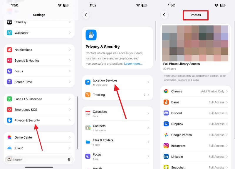 choose location services and photos