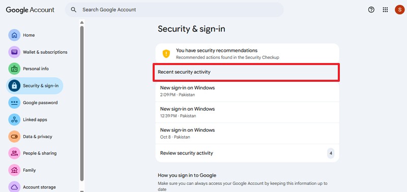 check recent security activity