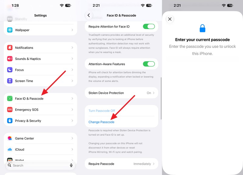 select change passcode iphone
