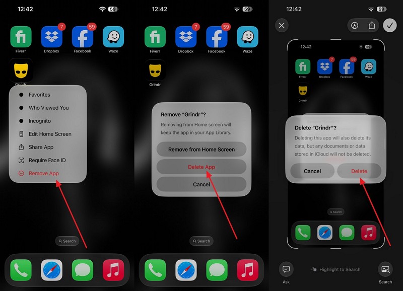 tap remove app and delete
