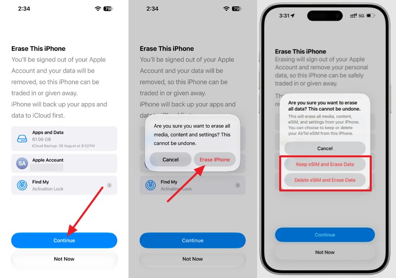 choose continue and erase iphone