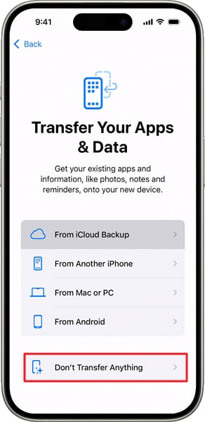 dont transfer apps and data