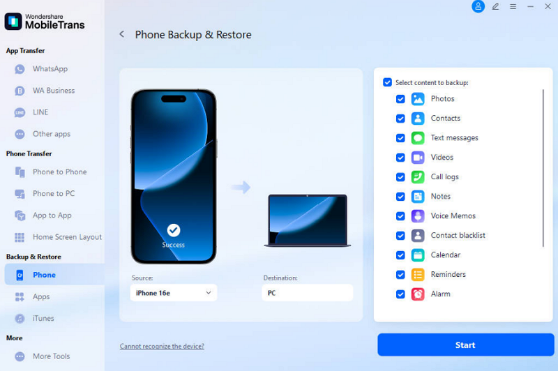 select backup restore and start