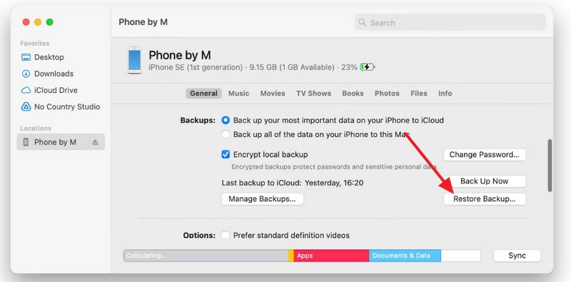 choose restore backup option