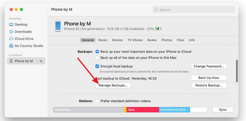 select manage backups