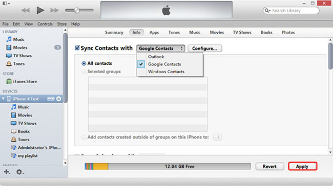 sincronize os contatos do iphone com o itunes