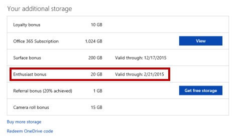 Weiteren kostenlosen OneDrive-Speicherplatz erhalten-Enthusiasten-Bonus