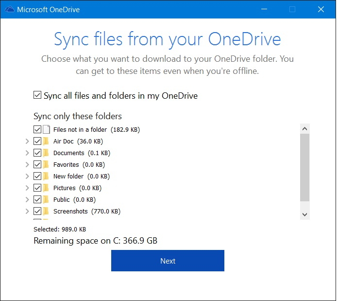 Selecione a pasta para sincronizar o OneDrive