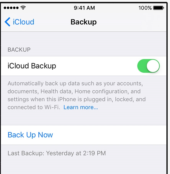 Transfer photos from iPhone to iPod Touch- turn on iCloud Backup