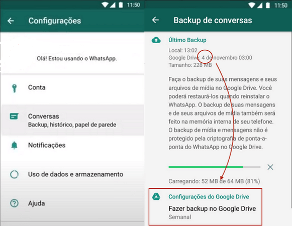 fazer backup conversas WhatsApp com Google Drive