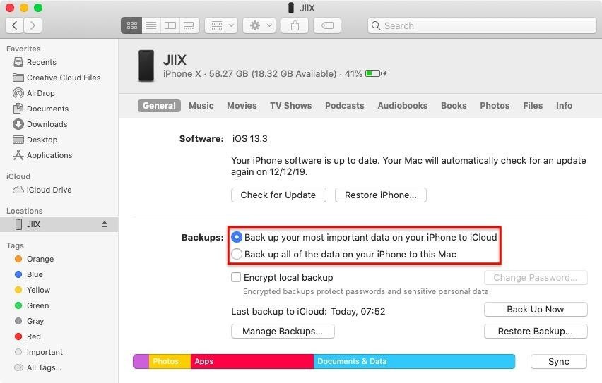 opzioni di backup di finder