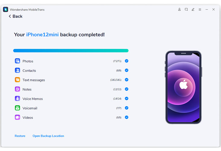 Wondershare MobileTrans - backup completado