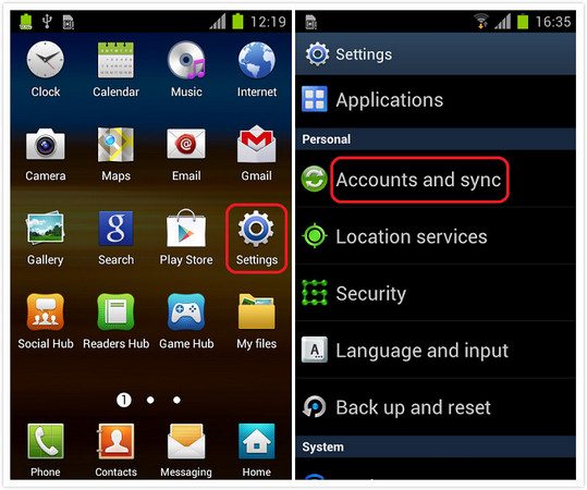 find account and sync on android phone's settings