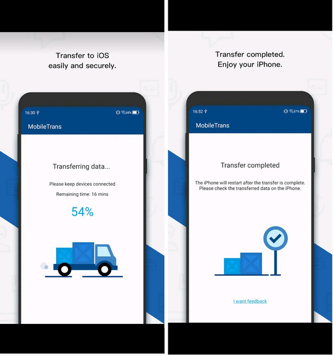 transfert de données d'android vers ios par l'application mobiletrans 3