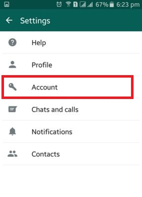 Opção de configuração de conta do WhatsApp 
