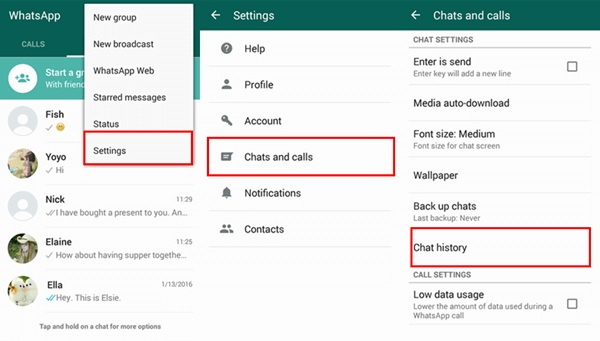 Configurações do Bate-papo do WhatsApp - Opções de histórico do bate-papo 