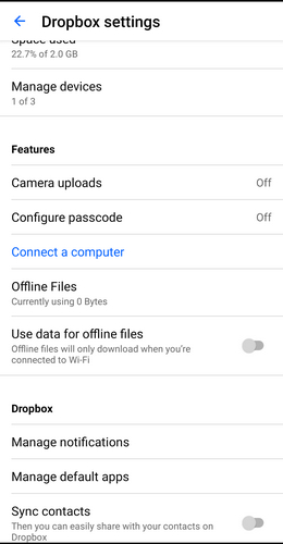 dropbox settings