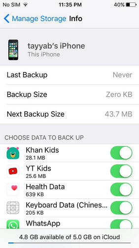 informação do backup do icloud