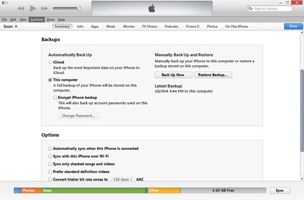 Ripristino del backup di iTunes