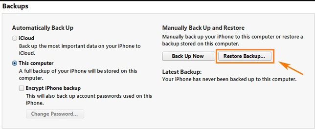 restaurar la contraseña de copia de seguridad de iTunes
