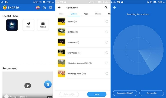 Selezione e invio di app di file multimediali