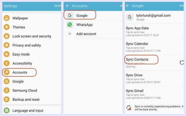 synchroniser les contacts google samsung