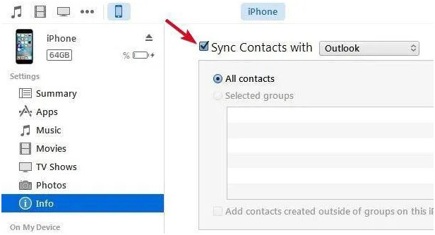 Synchronisation des contacts Outlook avec iTunes dans l'iPhone