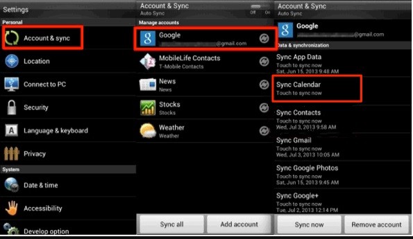 transfer calendar from android to android google account