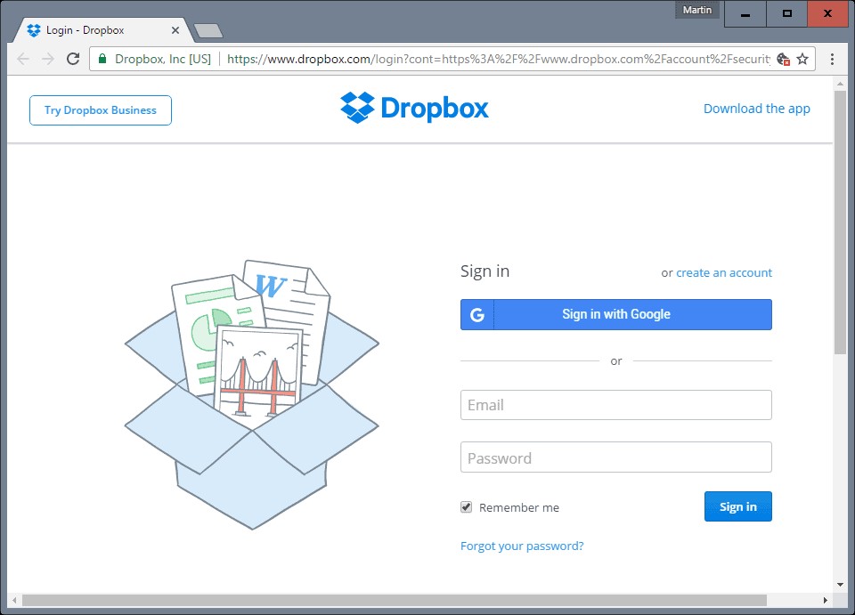 sign in dropbox