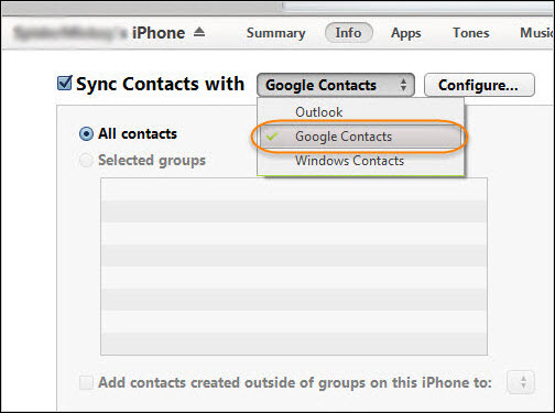 transferindo contatos do google com o iTunes