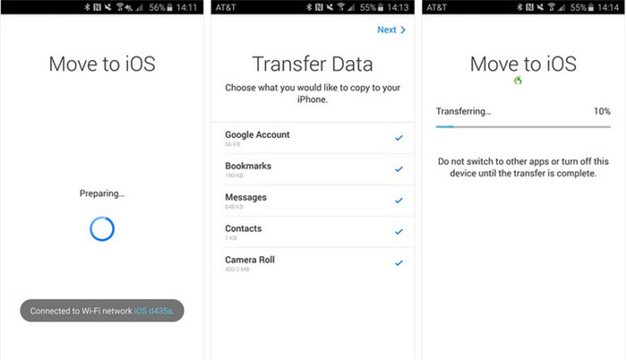 move to ios transferring data process 