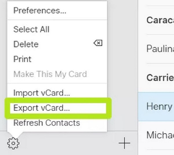 Export contacts via the feature vCard