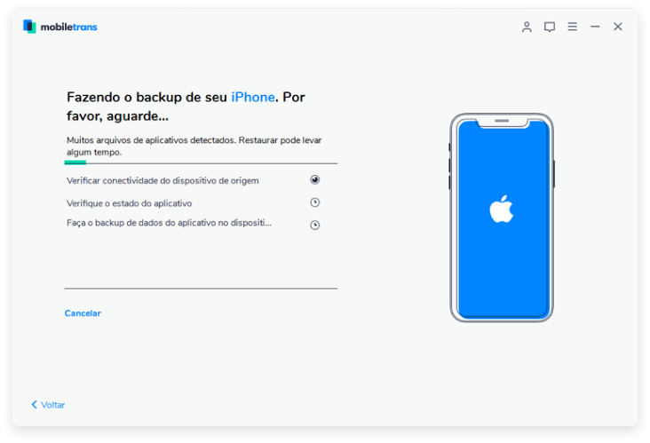 Wondershare MobileTrans - Barra de progresso do backup do iPhone