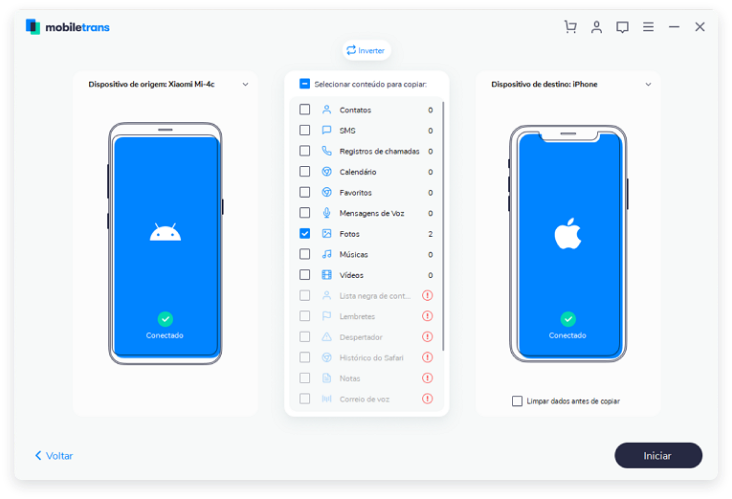 Selecionando os dados para backup com o MobileTrans