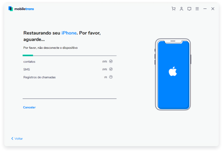 Wondershare MobileTrans - restauração do iPhone concluída