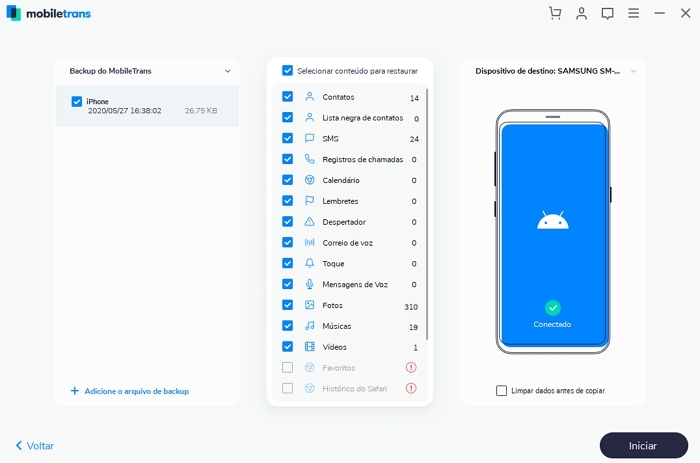 Wondershare MobileTrans - selecionar arquivos para backup no computador