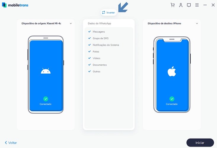 Wondershare MobileTrans - inverte celulares iPhone - origem / destino