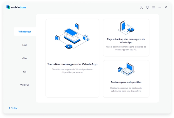 Tela de transferência do WhatsApp no MobileTrans