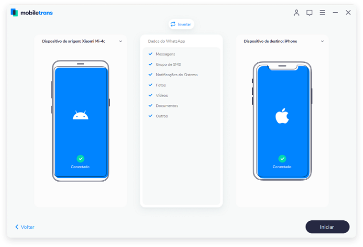 Wondershare MobileTrans - conexão dos 2 celulares