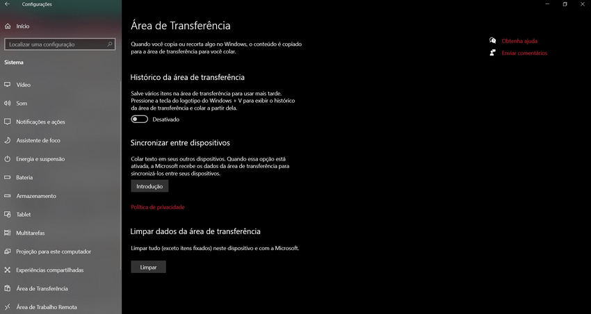 Área de transferência no Windows