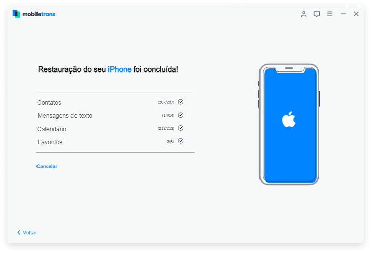 Restauração do iPhone concluída no MobileTrans