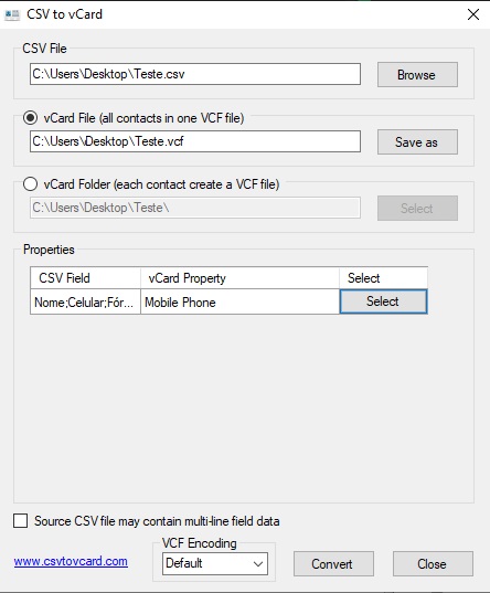 Faça a conversão do arquivo e salve como .vcf