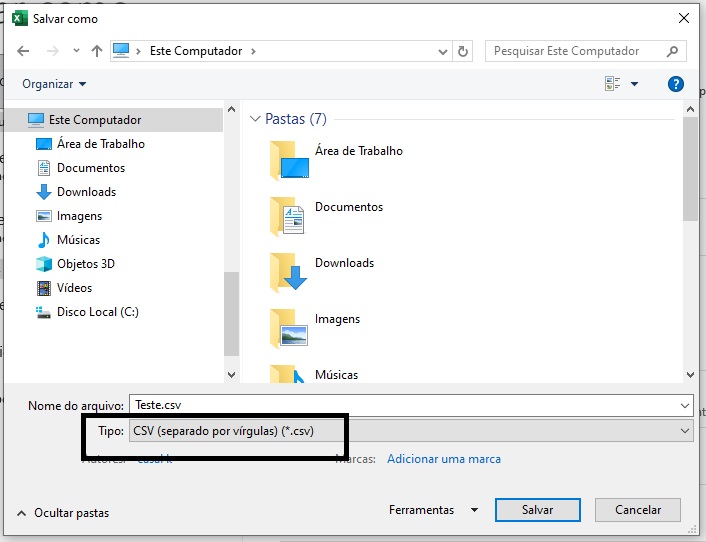 Salve o arquivo em formato .CSV separado por vírgulas