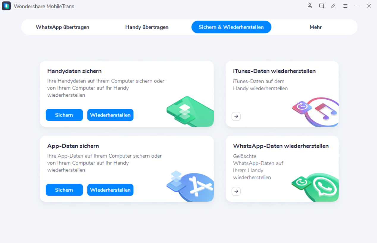 Starten Sie MobileTrans und wählen Sie "Sicherung und Wiederherstellung"
