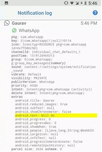 whatsapp log de notificações