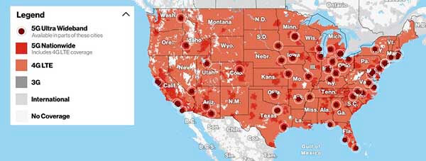 carte de la 5g de verizon