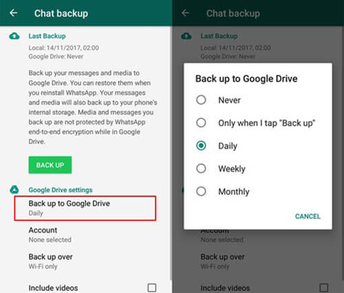 option de sauvegarde quotidienne de whatsapp