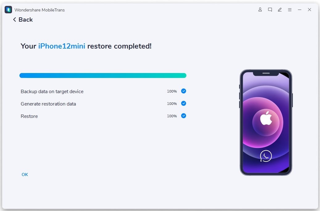Wondershare MobileTrans - restauração completada