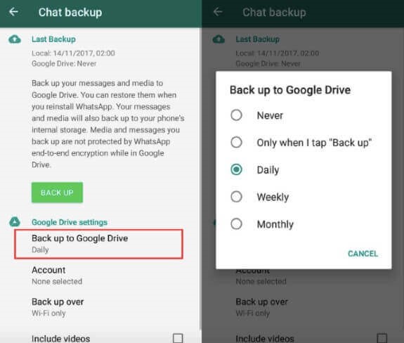 Backing up chat in the Google Drive