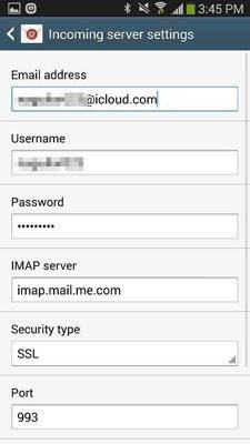 icloud to Android -Incoming server settings